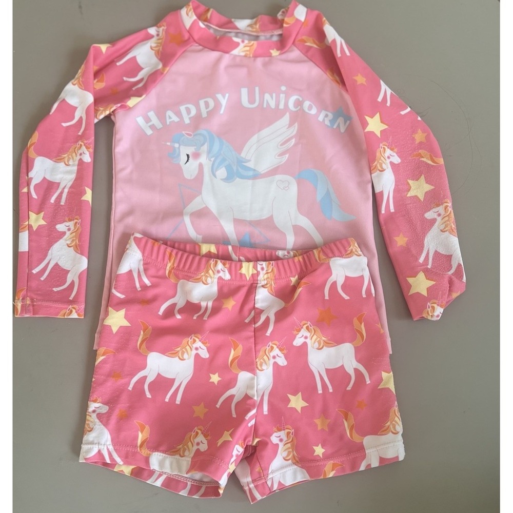Unbranded Unicorn Rash Guard Top and Shorts Pink Girls Size 5Y